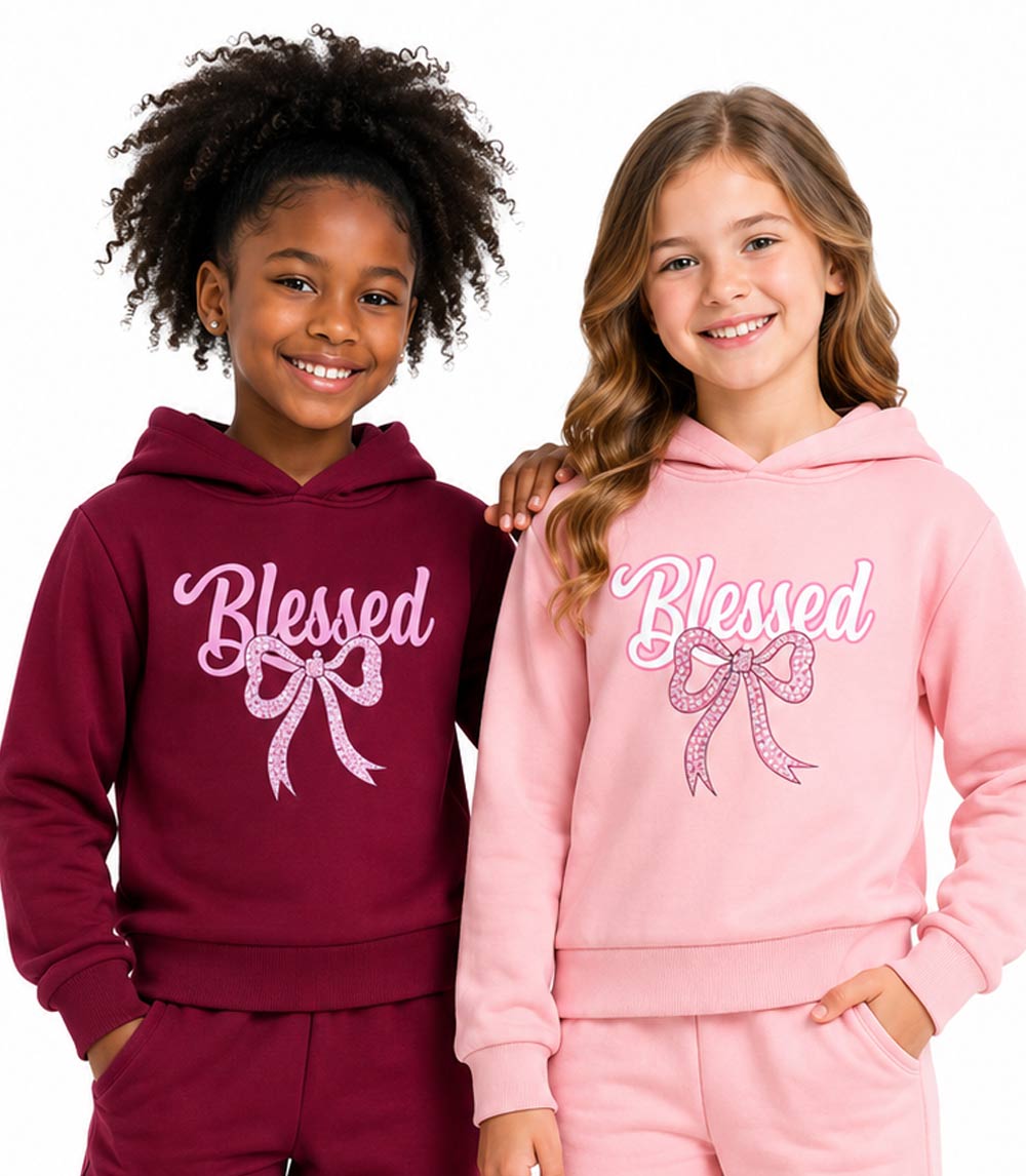 Girls Pink Blessed & Bow Screen W Stones Hoodie & Jogger Set – 8655104