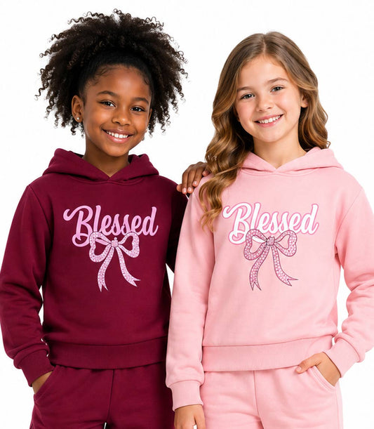 Girls Pink Blessed & Bow Screen W Stones Hoodie & Jogger Set – 8655104
