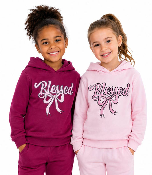 Girls Pink Blessed & Bow Screen W Stones Hoodie & Jogger Set – 8655104