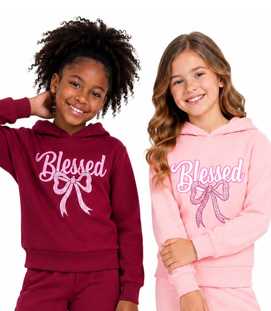 Girls Pink Blessed & Bow Screen W Stones Hoodie & Jogger Set – 8655104