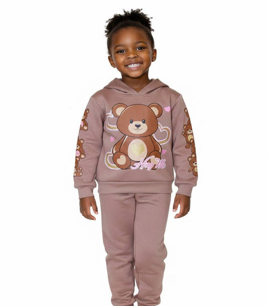 GIRLS PINK Teddy Bear Hug Me Screen Hooded Pull Over Jogset-8656904