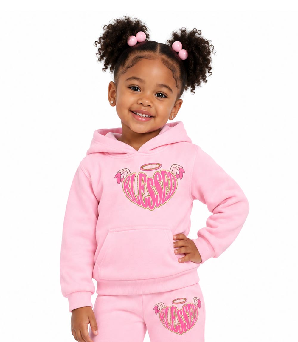 Girls Pink Hooded Fleece Top w Screen on chest and back w Flared Pants – 8657602