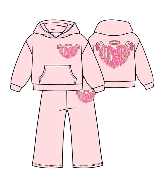 Girls Pink Hooded Fleece Top w Screen on chest and back w Flared Pants – 8657602