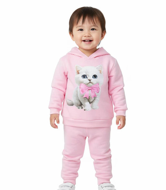 GIRLS PINK Cat Photo Screen Hooded Pull Over Jogset-8659802