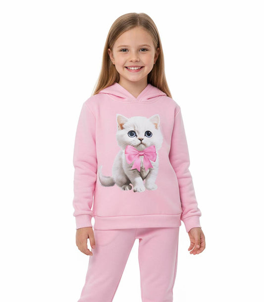 GIRLS PINK Cat Photo Screen Hooded Pull Over Jogset-8659804