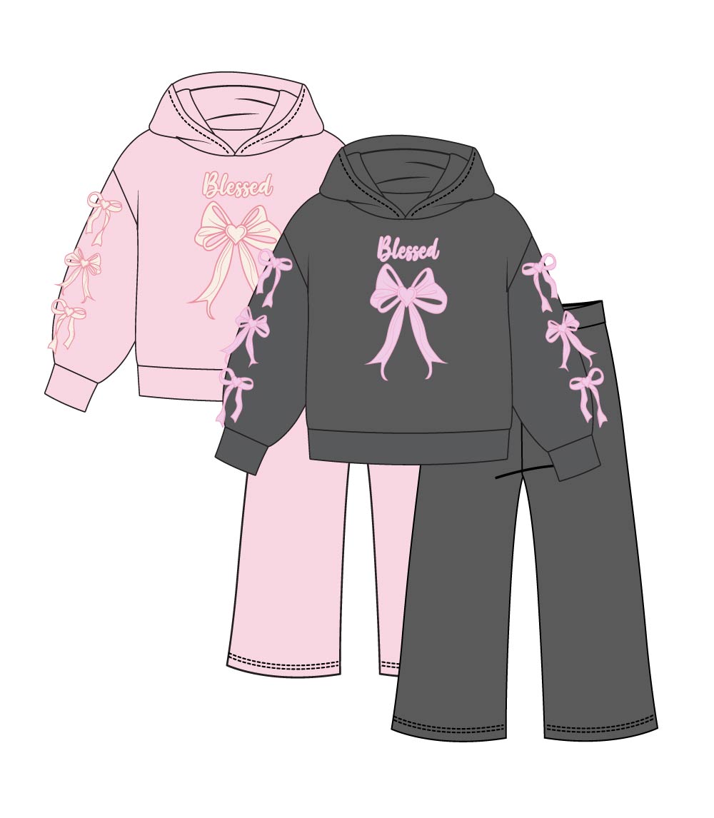 Girls Pink Bow Blessed Screen Hoodie With Flared Pants – 8660727