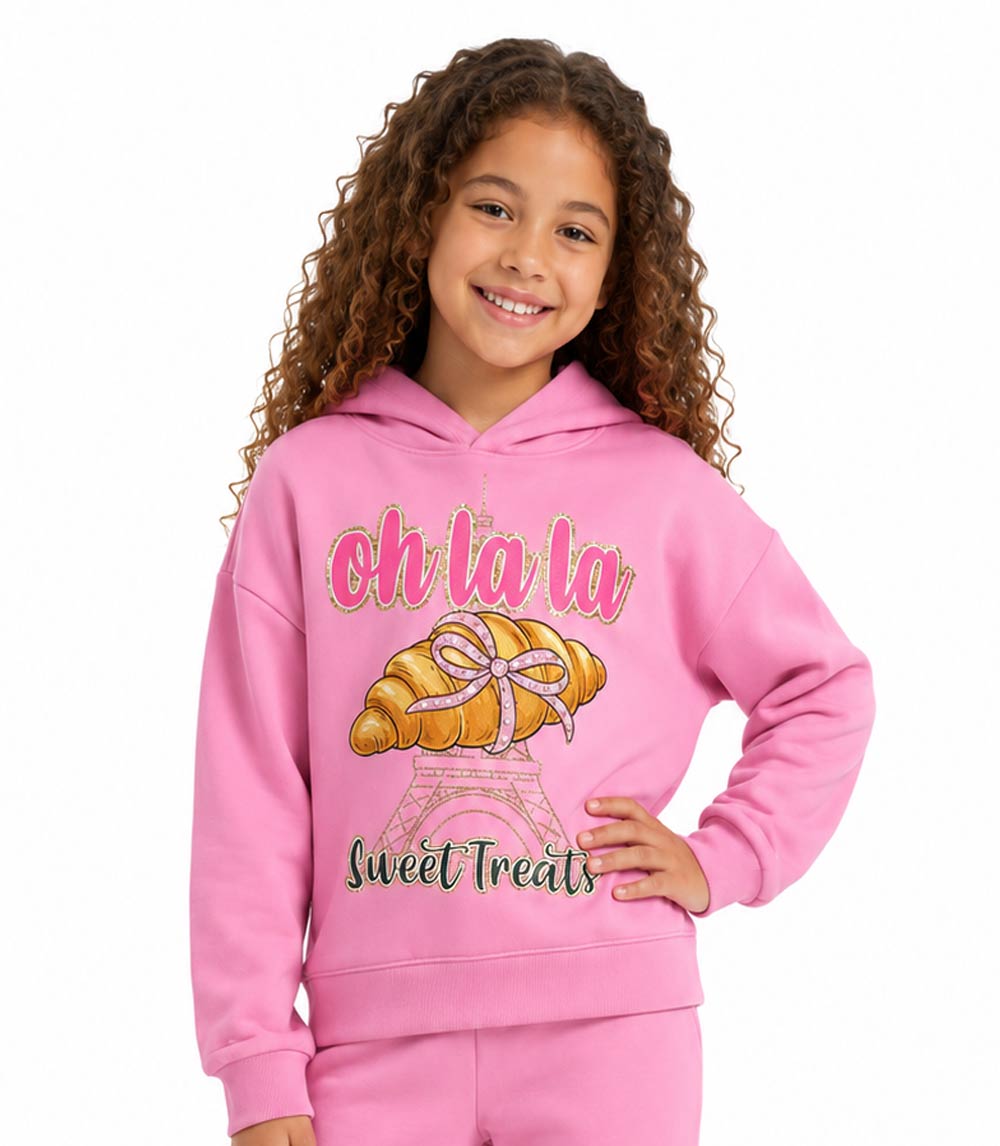 Girls Pink Sweet Treats Paris Screen W Stones Hoodie Jogger Set – 8673204