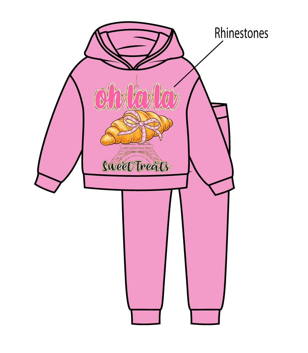 Girls Pink Sweet Treats Paris Screen W Stones Hoodie Jogger Set – 8673204