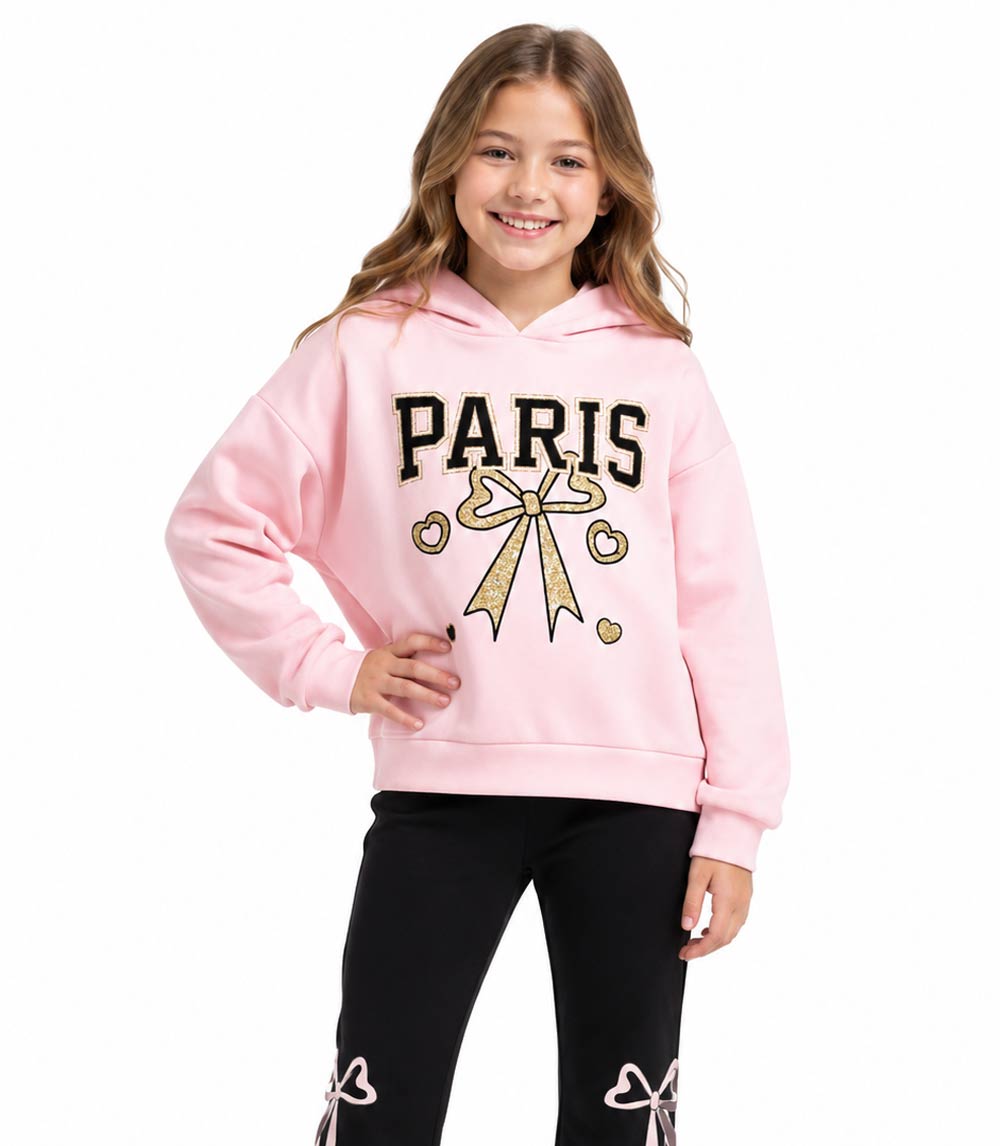 Girls Pink Paris Screen Hoodie With Flared Pants and Bows Screen On Both Legs – 8677604
