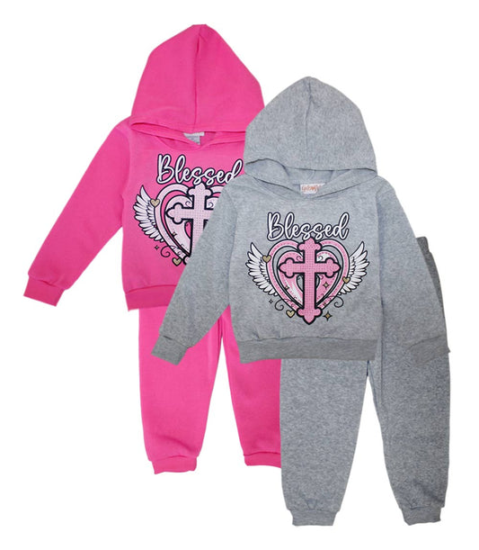 Girls Pink Blessed Screen W Stones Hoodie & Jogger Set – 8679802