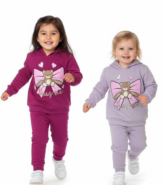 GIRLS PINK Teddy Bear Bow Screen Hooded Pull Over Jogset-8686402