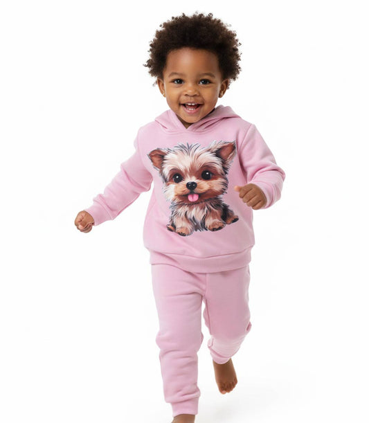 GIRLS PINK Yorkie Puppy Photo Screen Hooded Pull Over Jogset-8689702