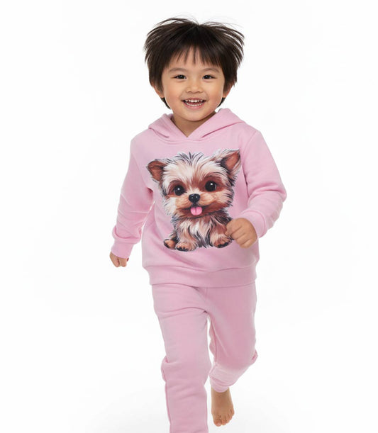GIRLS PINK Yorkie Puppy Photo Screen Hooded Pull Over Jogset-8689704