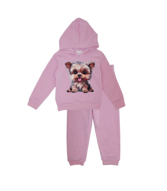 Conjunto deportivo con capucha y estampado de perro rosa para niña - 8618102