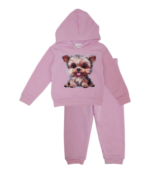 GIRLS PINK Yorkie Puppy Photo Screen Hooded Pull Over Jogset-8689702