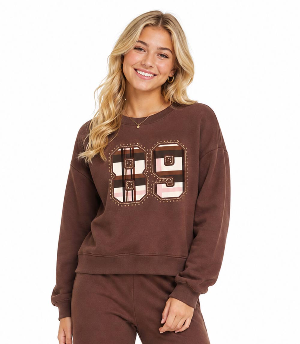 Girls Pink Crew Neck Fleece 89 Applique on Chest W Flared Pants Set – 8746127