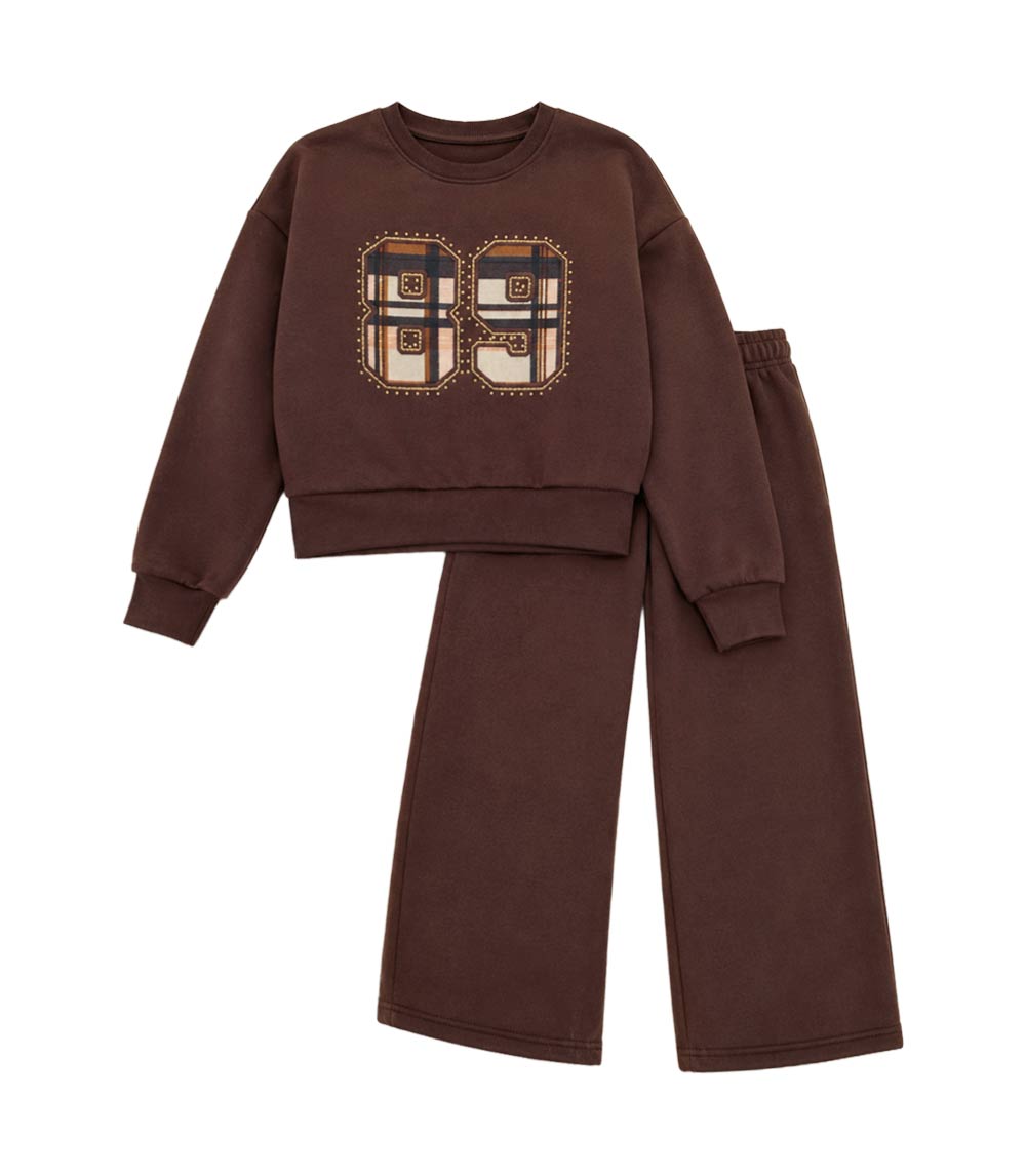 Girls Pink Crew Neck Fleece 89 Applique on Chest W Flared Pants Set – 8746127