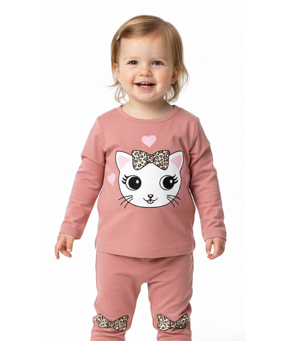 Girls “Kitty Cat” Applique Crew Neck & Jogger Set with Knee Hits – 8753301