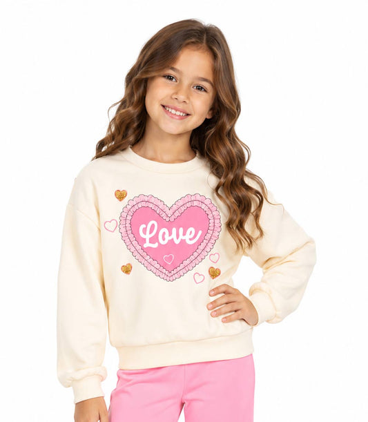 Girls Pink 4-6X  Fleece Crew Neck Top with Ruffle Heart Flared Pant set– 8758904