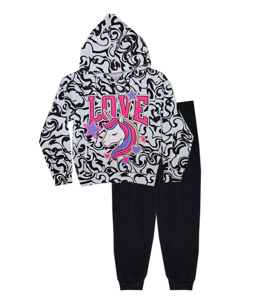 GIRLS PINK Unicorn Screen Hooded Pull Over Jogset-8671927